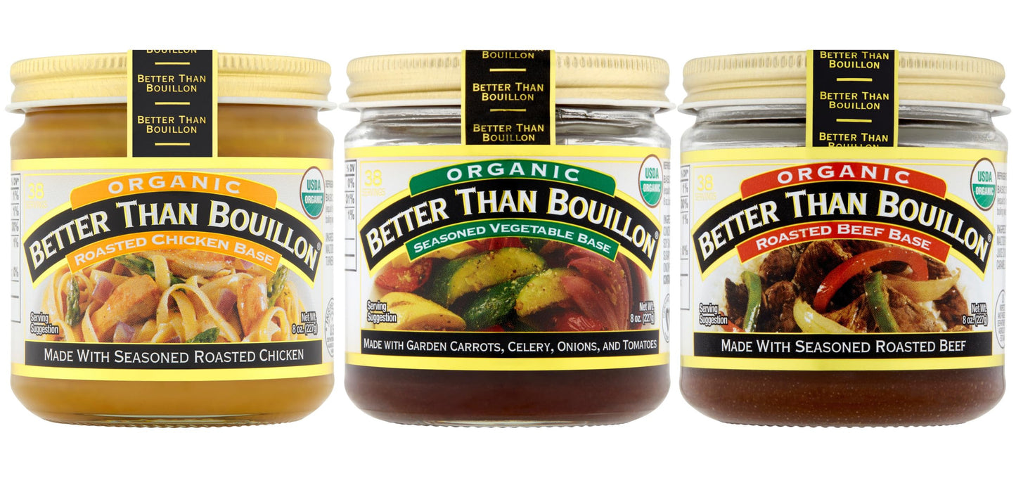 Better Than Bouillon Brand All Organic Variety Pack with 1 Roasted Chicken, 1 Roasted Beef and 1 Seasoned Vegetable, 8 Ounce Jar