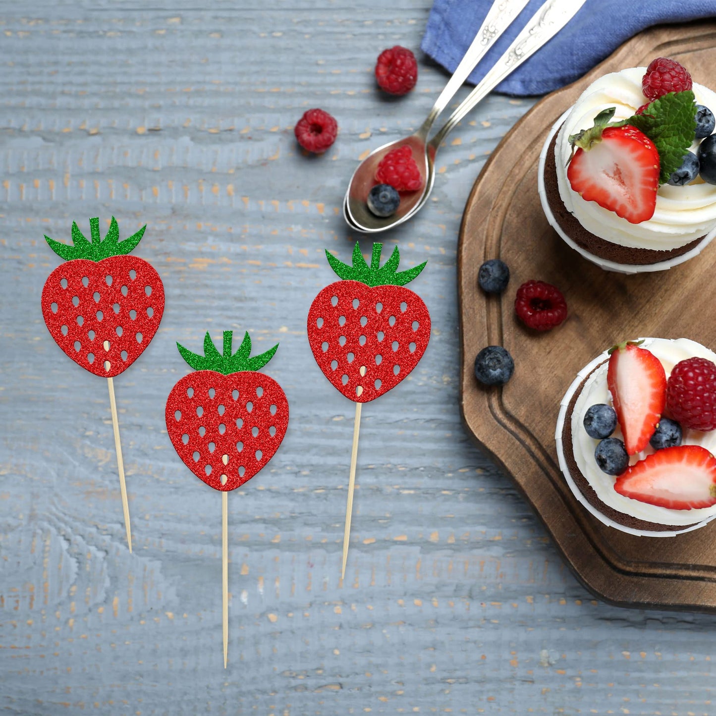 24Pcs Strawberry Cupcake Toppers Red Glitter Fruit Theme Strawberry Cupcake Pick Decorations For Summer Sweet Fruit Baby Shower