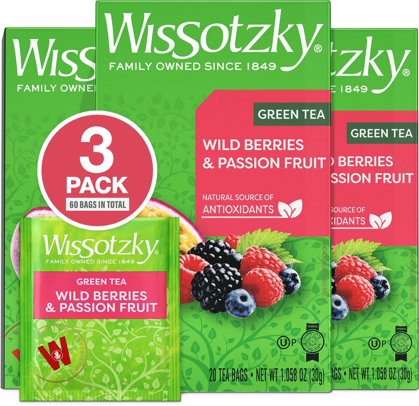 Wissotzky Wild Berries & Passion Fruit Green Tea (3 Pack - 60 Tea Bags) | Antioxidant Rich | Tropical Blend Green Tea Bags