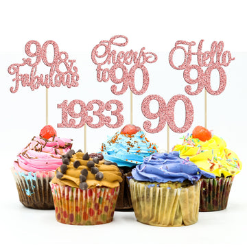 Gyufise 30Pcs 90Th Birthday Cupcake Toppers 90 Fabulous Cupcake Picks Cheers To 90 1933 Cake Decorations For Happy 90Th Birthday