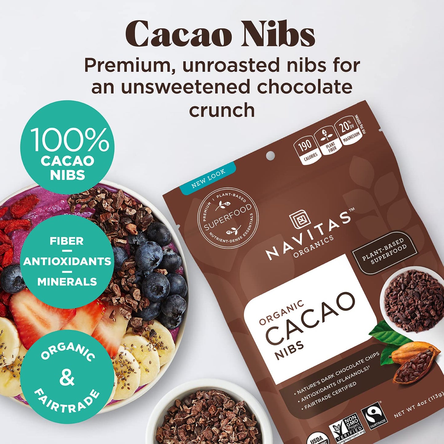 Navitas Organics Cacao Nibs - Unsweetened Dark Chocolate Crunch - Antioxidants, Minerals, Fiber - For Trail Mix, Baking & More -