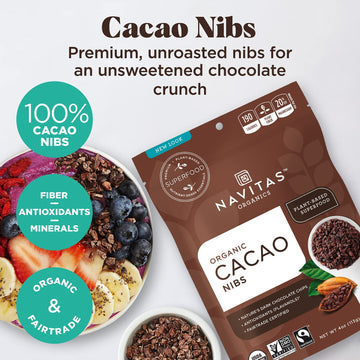 Navitas Organics Cacao Nibs - Unsweetened Dark Chocolate Crunch - Antioxidants, Minerals, Fiber - For Trail Mix, Baking & More -