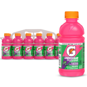 Gatorade Lower Sugar Electrolyte Sports Drink, Rain Berry, 12 fl oz Bottles, (12 Pack), 75% Less Sugar, No Artificial Flavors, N