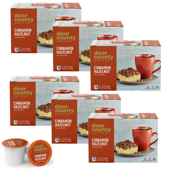 Door County Coffee - Cinnamon Hazelnut, Cinnamon Hazelnut Flavored Ground Coffee - Medium Roast, Single Serve Cups - 60 Count