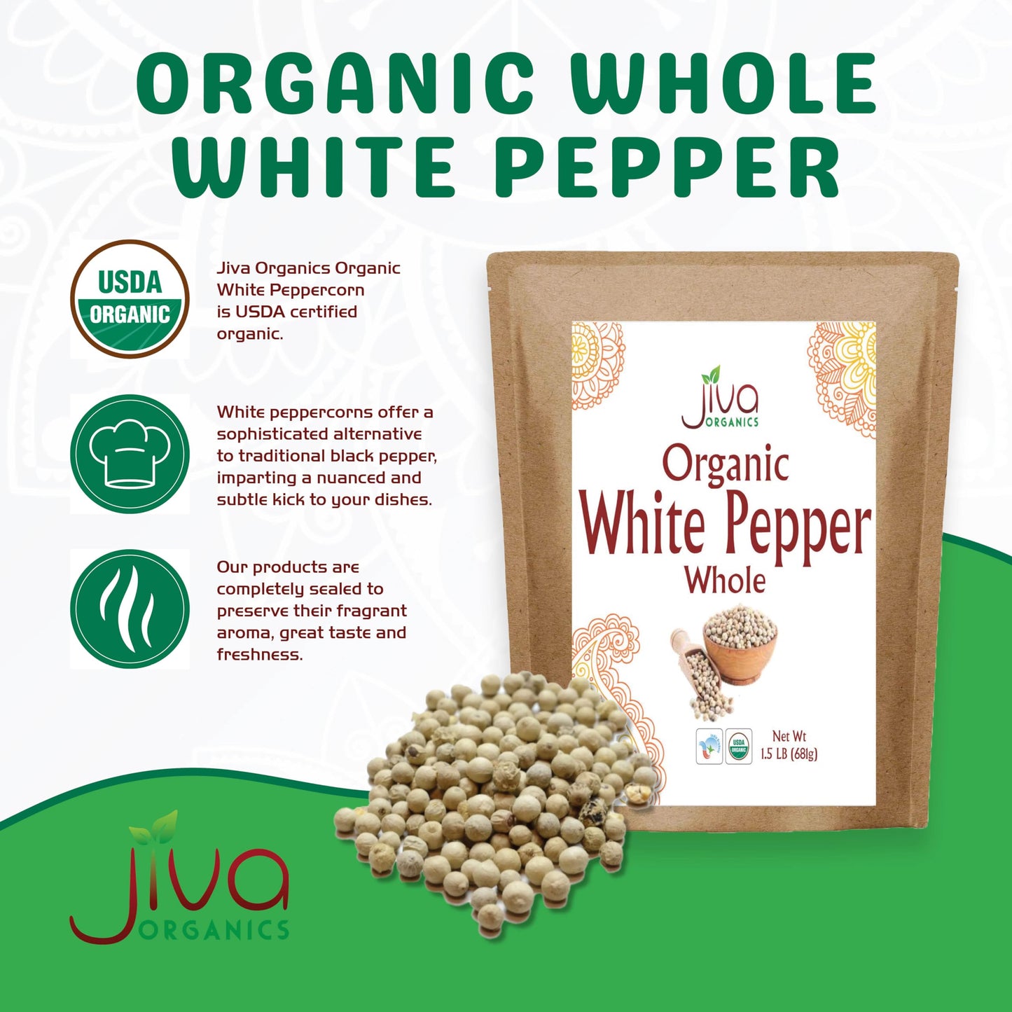 Organic White Peppercorns Whole 1.25 Pound Bulk Bag - Non-Gmo, Pure Whole Peppercorns For Grinder Refill By Jiva Organics