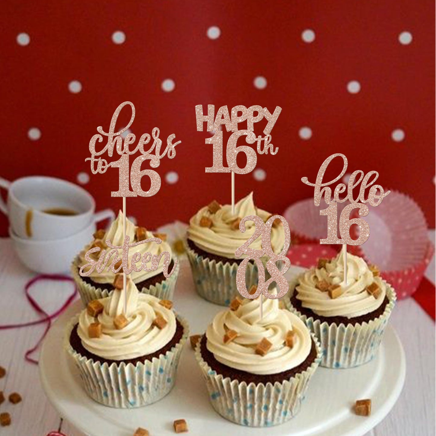 Rssta i Cupcake Toppers 30 Pack Glitter Happy 16th Birthday Rose Gold Paper Model XM087