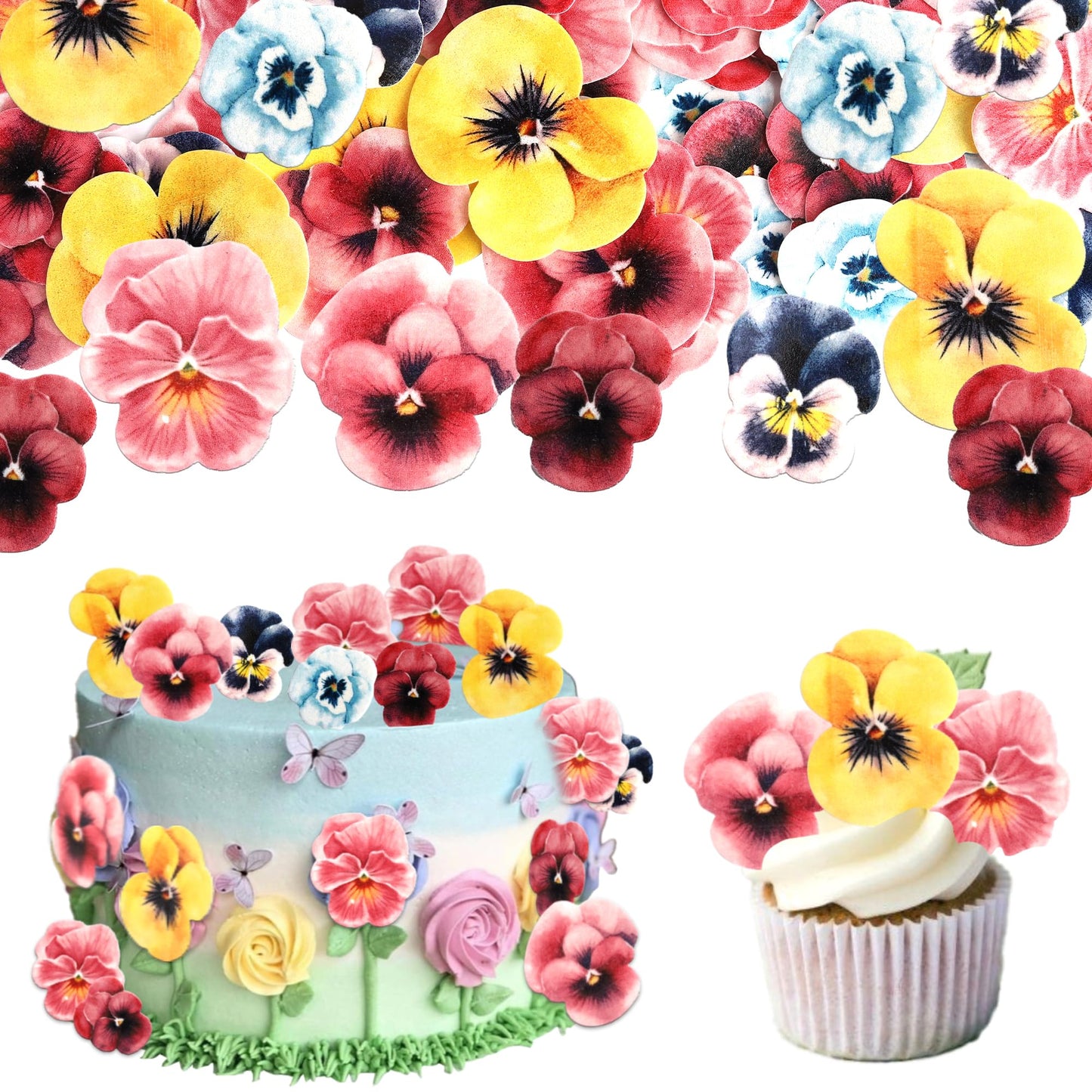 60 PCS Edible Flowers Cake Toppers Wafer Paper Flowers Cupcake Toppers Pansies Wedding Bridal Engagement Edible Flower Cake Deco
