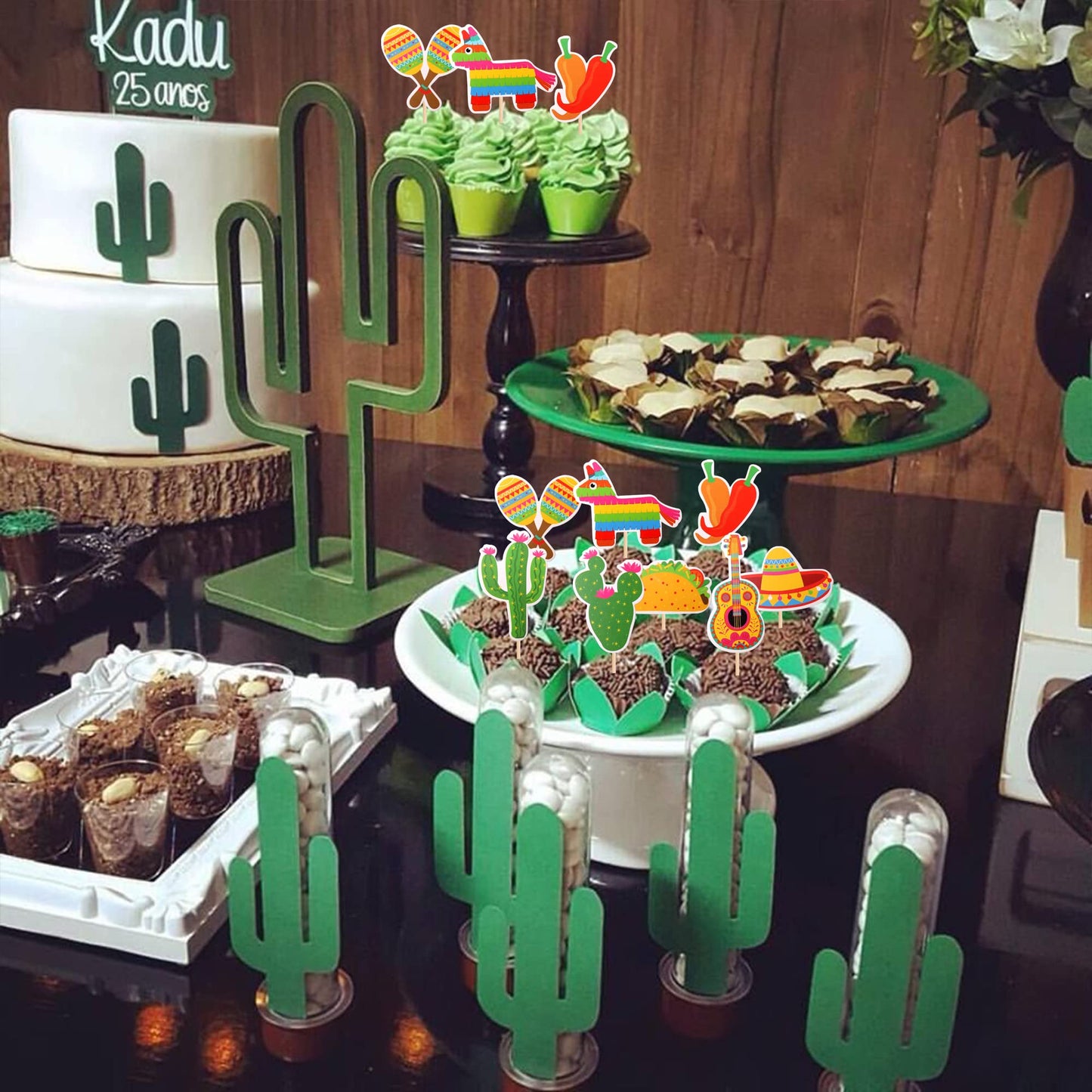 32 Pcs Mexican Fiesta Cupcake Toppers Assembled Cactus Donkey Maraca Sombrero Guitar Cupcake Picks Mexican Fiesta Theme Baby Sho