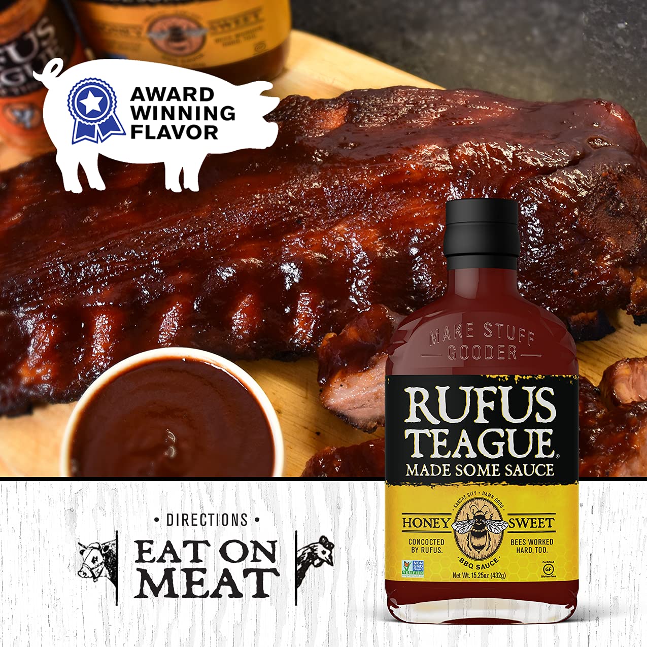 Rufus Teague - Honey Sweet Bbq Sauce - Premium Barbecue Sauce - 15.25 Oz. Bottles - 6 Pack