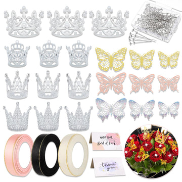 Crown Cake Topper, Princess Little Crown - 12Pcs Crown,36Pcs 3D Butterfly, 10Blessing Card 100Pcs Flower Pins, Children'S Birthd