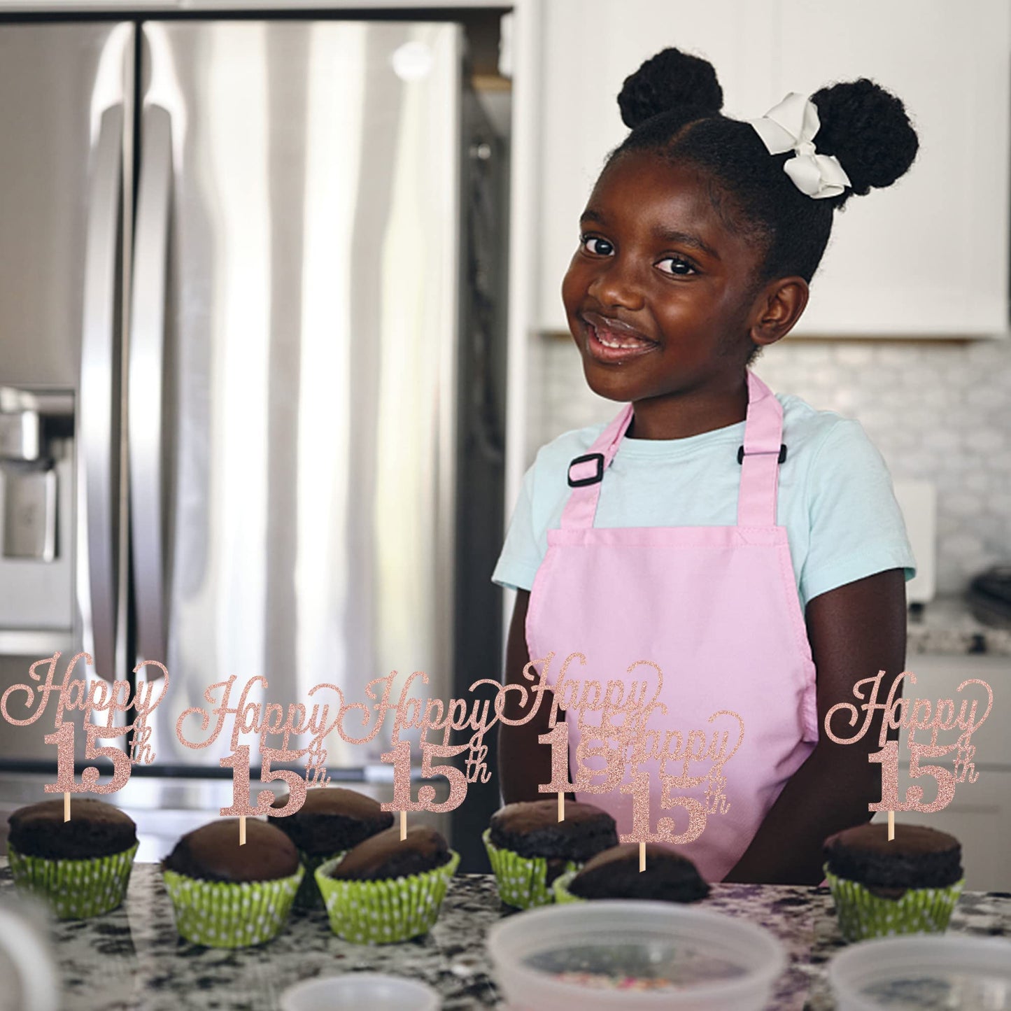 YCTHUNFISH 30 Pack Cupcake Toppers Glitter Number 15 Rose Gold Bamboo Decorations for 15th Birthday Party