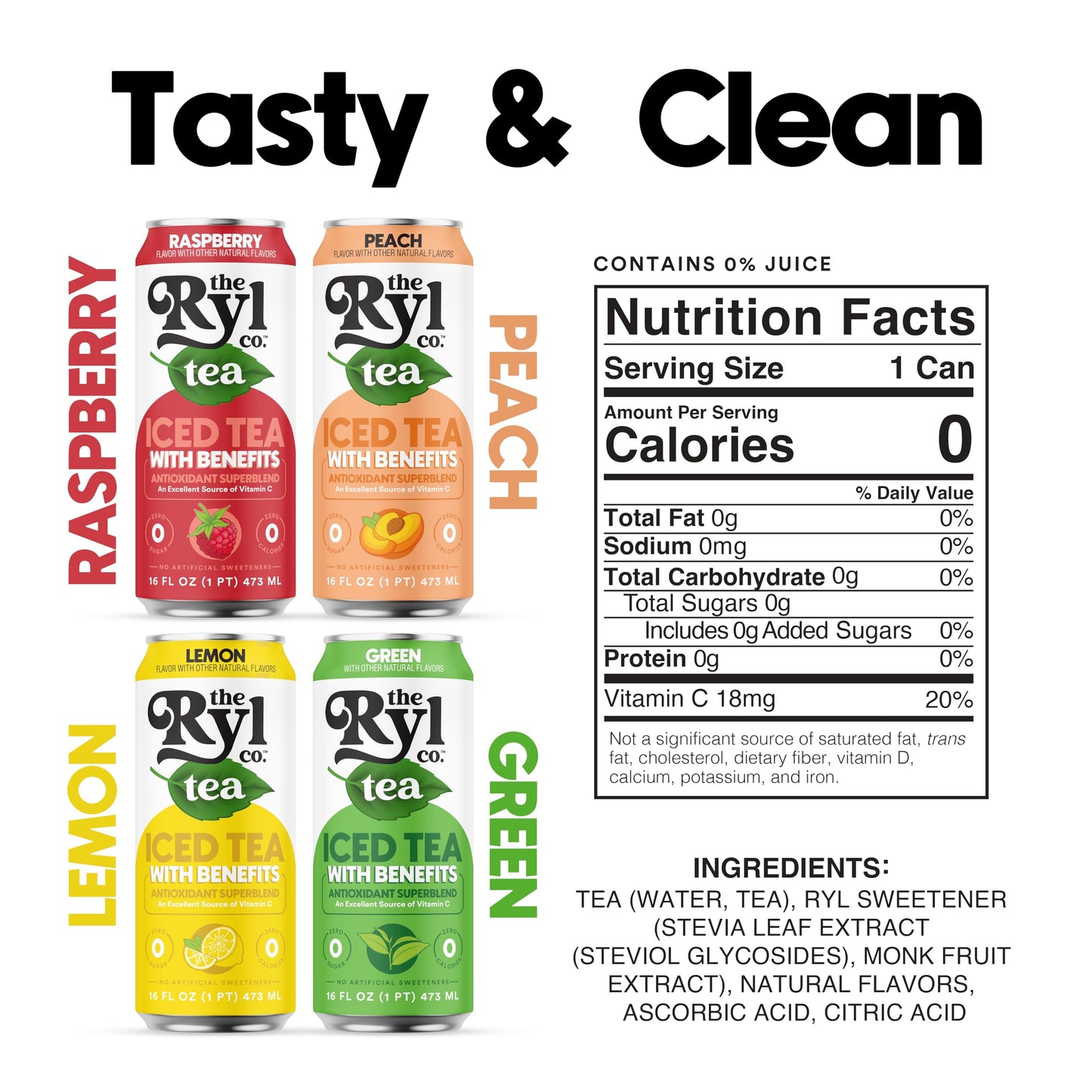 Ryl Iced Tea, Variety Pack, Antioxidant Superblend, Zero Sugar, Low Carb, Zero Calorie Iced Tea, 16.0 Fl Oz (12-Pack)