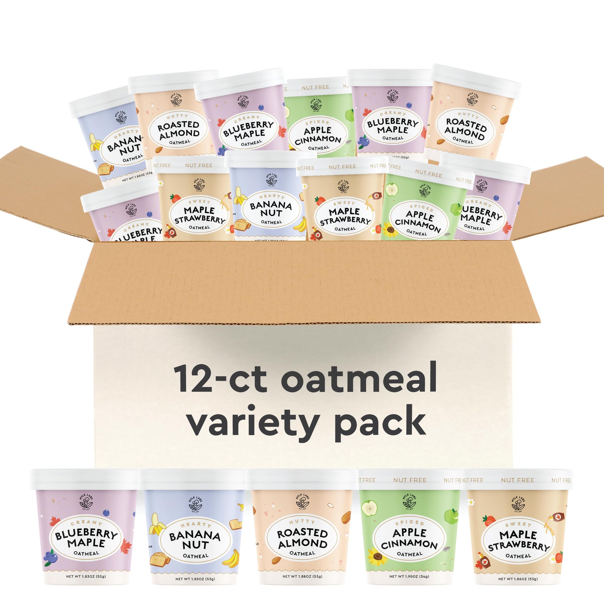 Mylk Labs Variety Pack Protein Oatmeal Cups  Whole Grain  Low Sugar  High Fiber Breakfast with Superfoods  Quick & Easy  On the Go  Instant Oatmeal  Rolled Oats  Gluten Free  Vegan  Nut Free  12 Pack