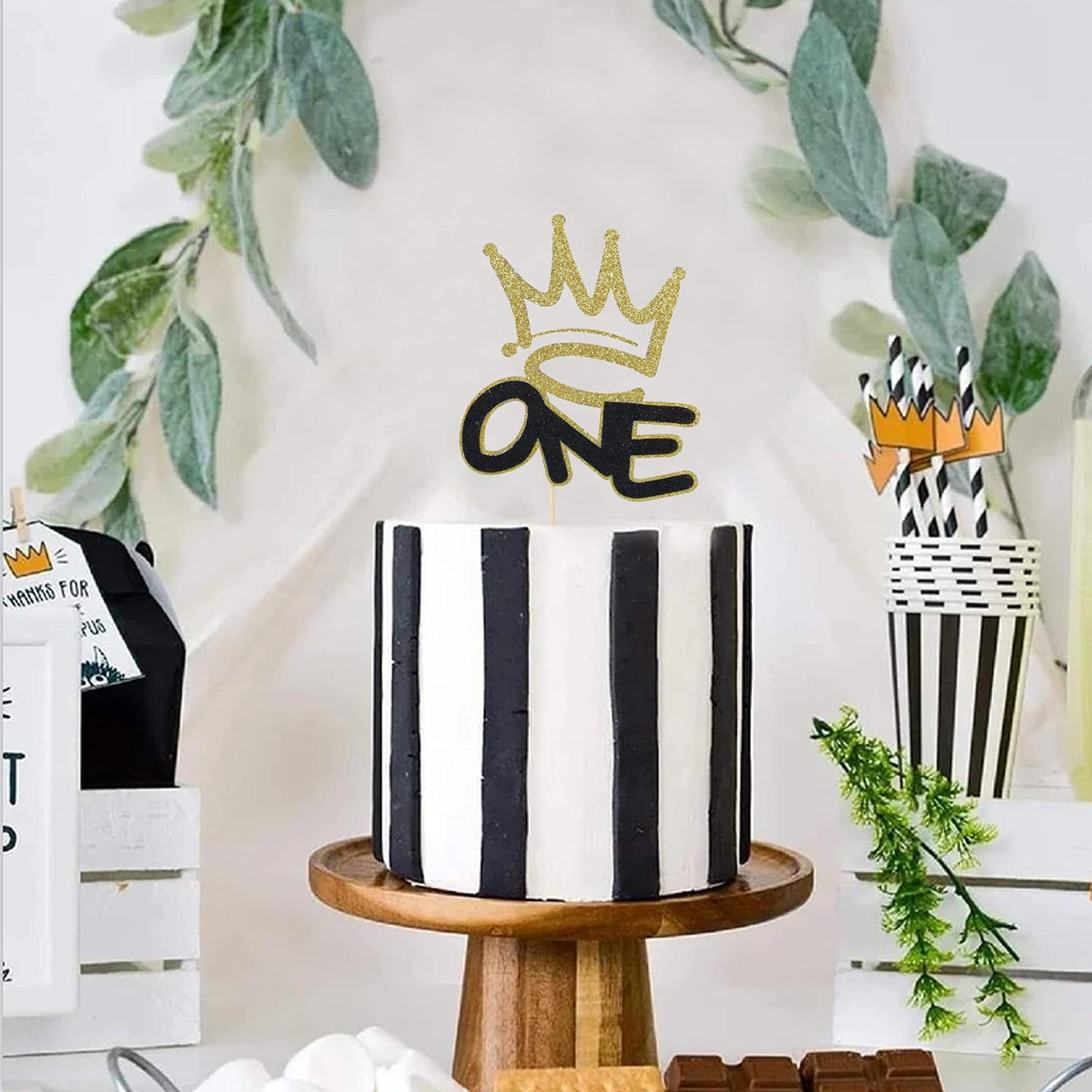 One Birthday Cake Topper - Hip Hop Boys 1St Birthday Decorations, Crown One Cake Topper, Black And Gold First Birthday Decoratio