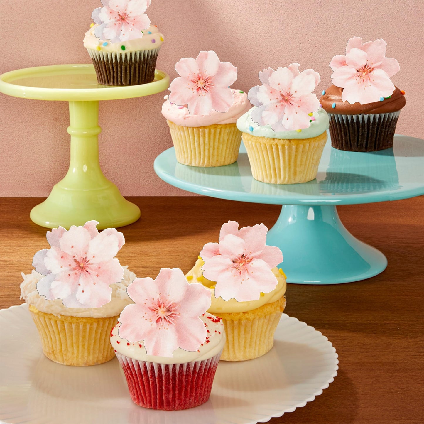 Gyufise 54Pcs Edible Cherry Blossoms Cake Decorations Edible Cherry Blossoms Cupcake Toppers Wafer Paper Flowers Cake Toppers Fo
