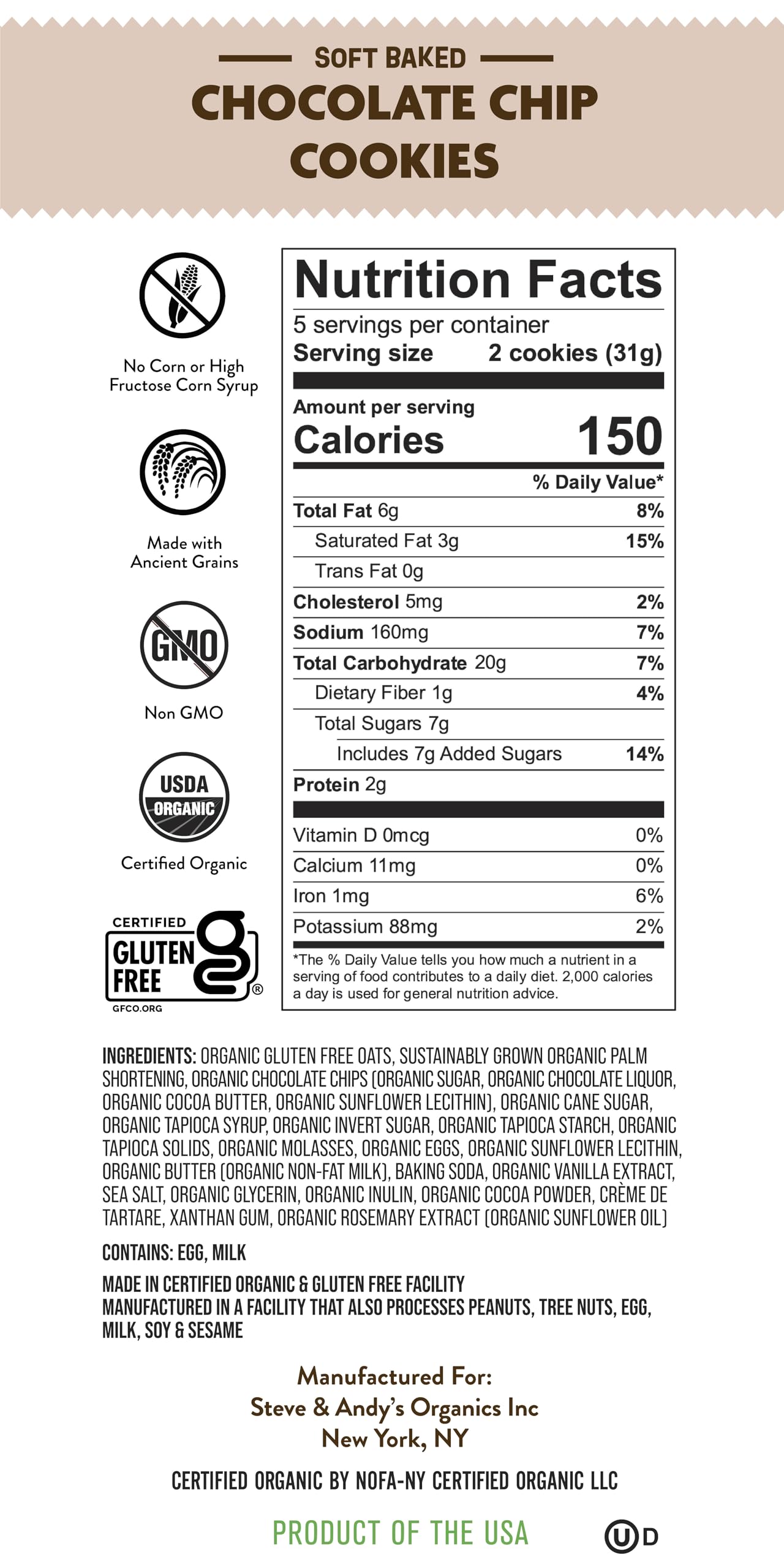 Organic And Gluten Free Soft-Baked Healthy Chocolate Chip Cookies By Steve & Andys, Non-Gmo And Kosher Certified, 5.5 Oz (Pack O