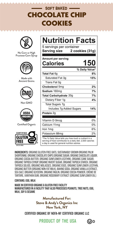 Organic And Gluten Free Soft-Baked Healthy Chocolate Chip Cookies By Steve & Andys, Non-Gmo And Kosher Certified, 5.5 Oz (Pack O