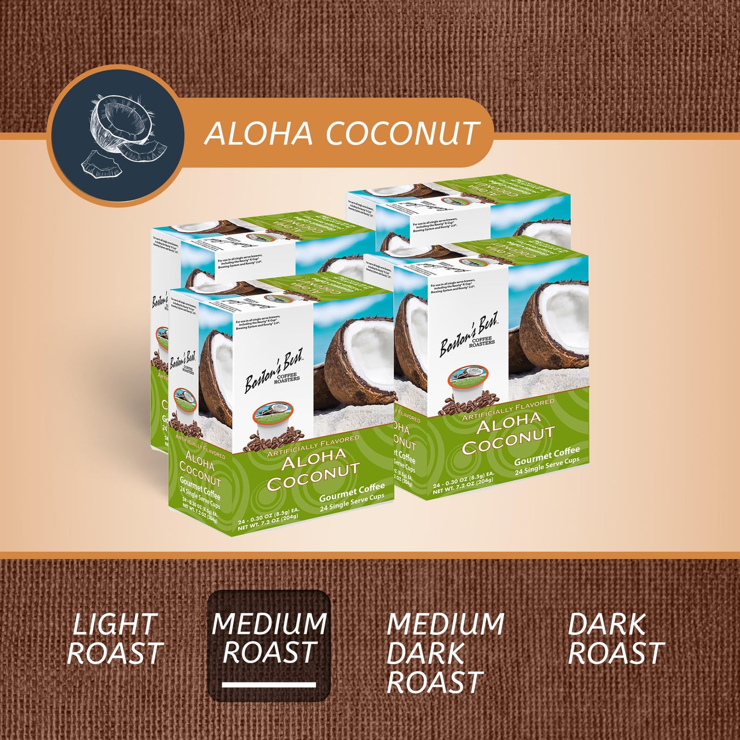 Bostons Best Gourmet Coffee - Aloha Coconut Flavor, Compatible with Keurig, 24 Count (Pack of 4)