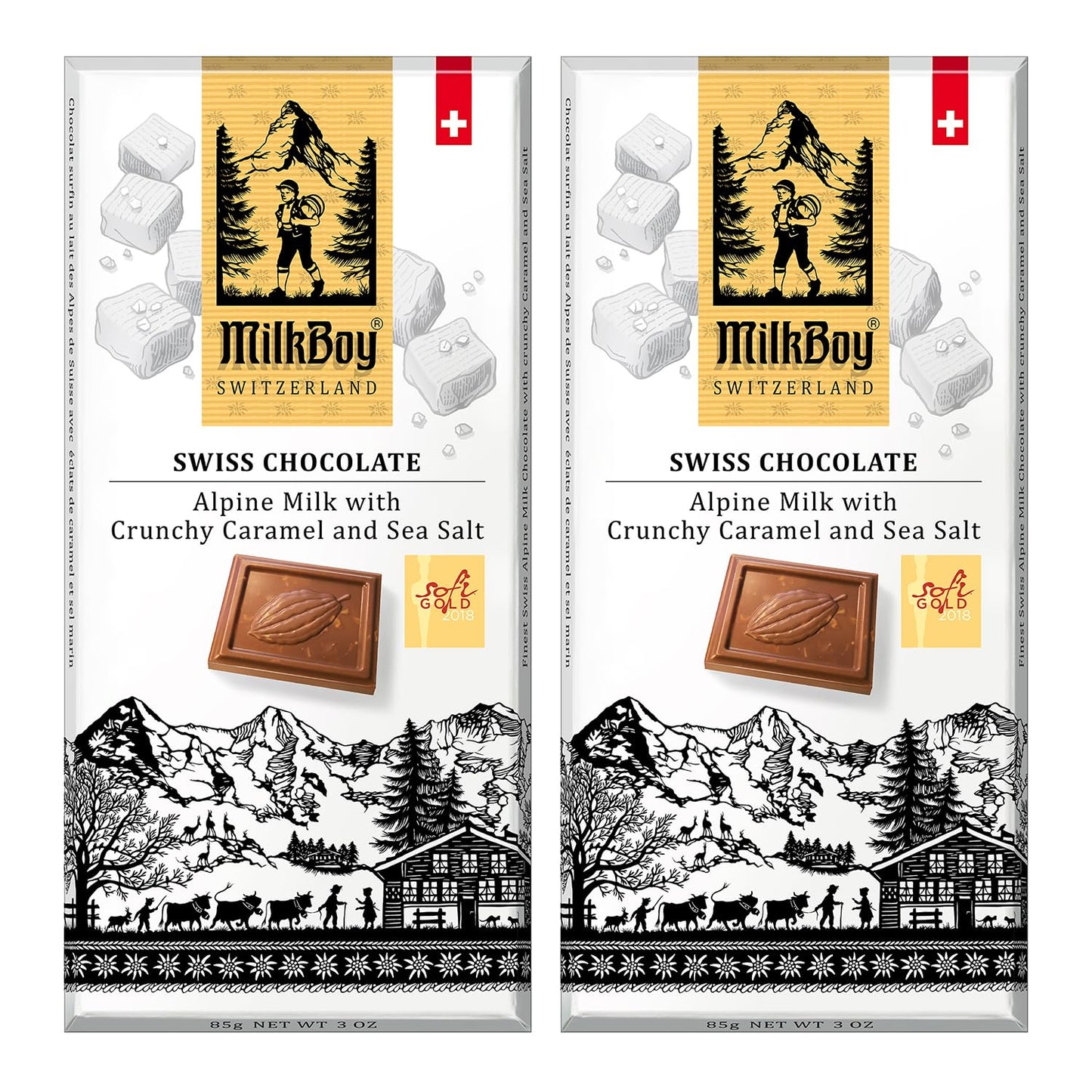 Milkboy Swiss Chocolates Alpine Milk Chocolate Bars with Caramel Sea Salt, Gluten-Free, 3 oz (Pack of 2)