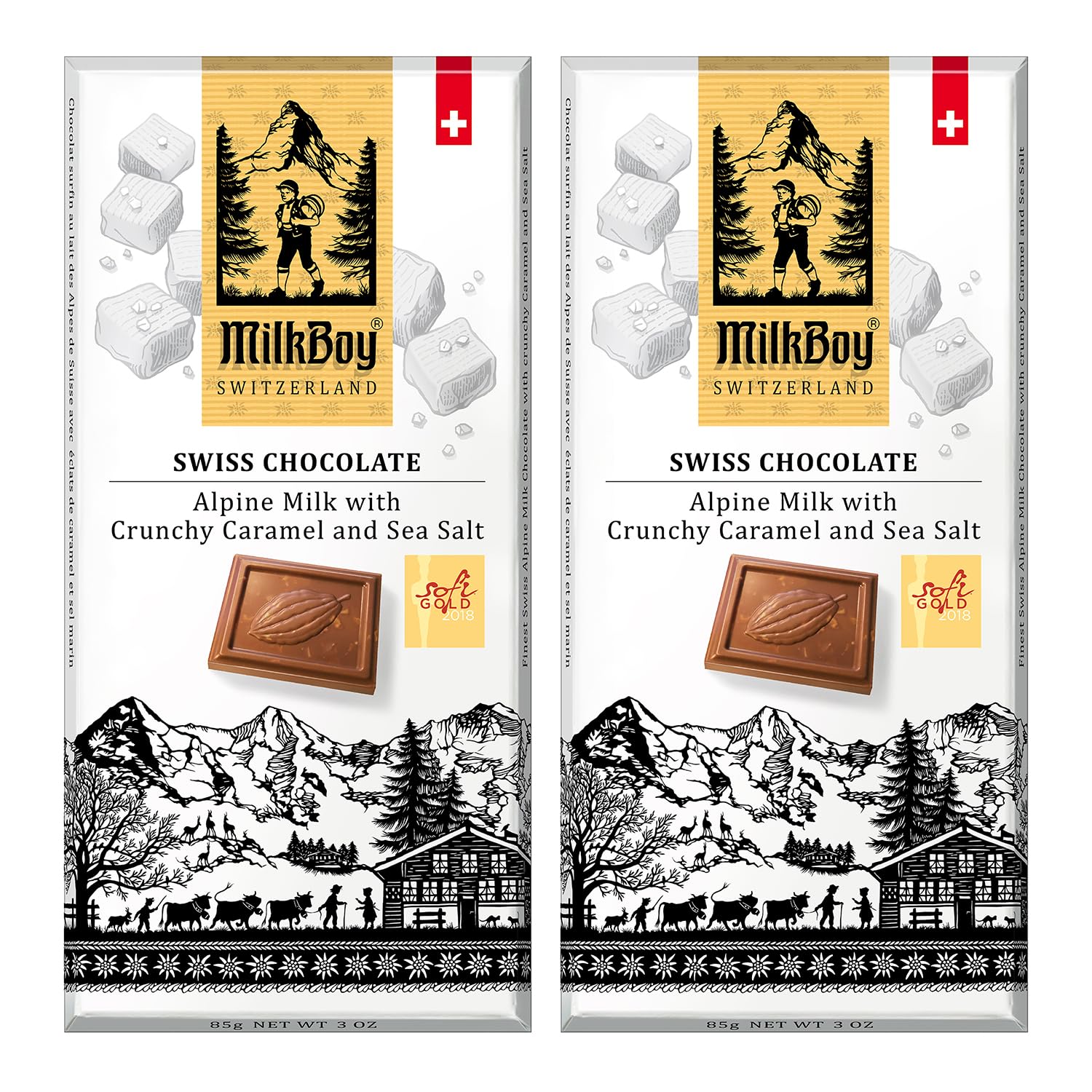 Milkboy Swiss Chocolates Alpine Milk Chocolate Bars with Caramel Sea Salt, Gluten-Free, 3 oz (Pack of 2)