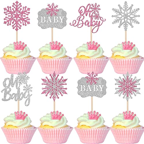 28 Pcs Oh Baby Snowflake Cupcake Toppers Glitter Winter Frozen Theme Snowflake Cupcake Picks For Winter Wonderland Gender Reveal