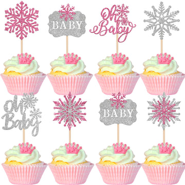 28 Pcs Oh Baby Snowflake Cupcake Toppers Glitter Winter Frozen Theme Snowflake Cupcake Picks For Winter Wonderland Gender Reveal
