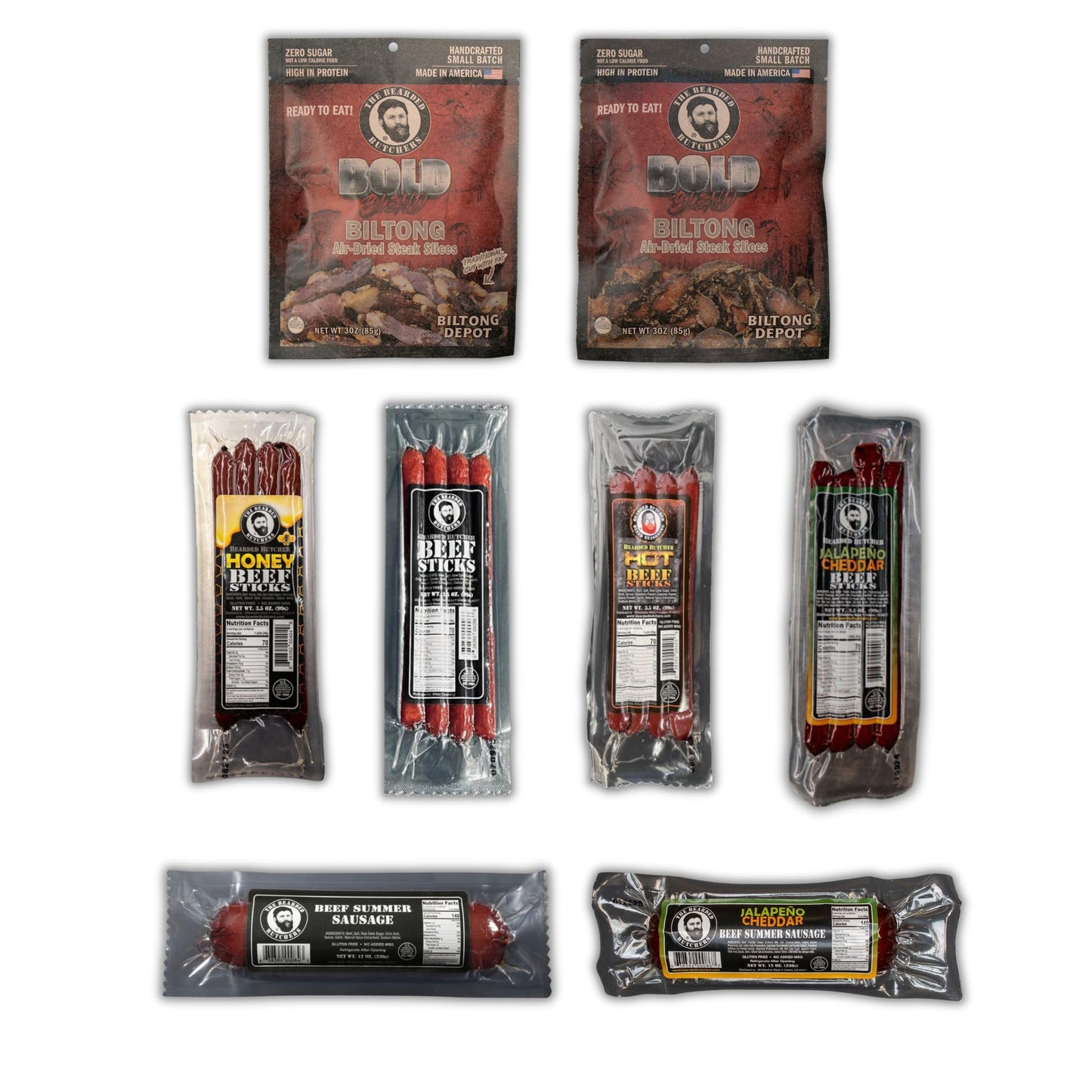 Bearded Butchers Carnivore Snack Sack – Beef Sticks Variety Pack, Summer Sausage & Bold Blend Biltong – High Protein, Gluten-Free, Ready-To-Eat Meat Snacks For Hiking, Travel, Bbq & Meat Lovers Gift