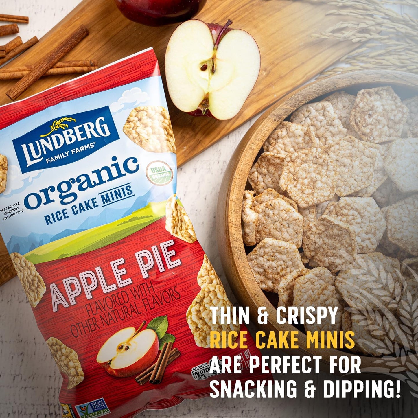 Lundberg Organic Rice Cake Minis, Apple Pie - Mini Rice Cakes, Healthy Snacks For Adults And Kids, Vegan Snacks, Gluten-Free, He