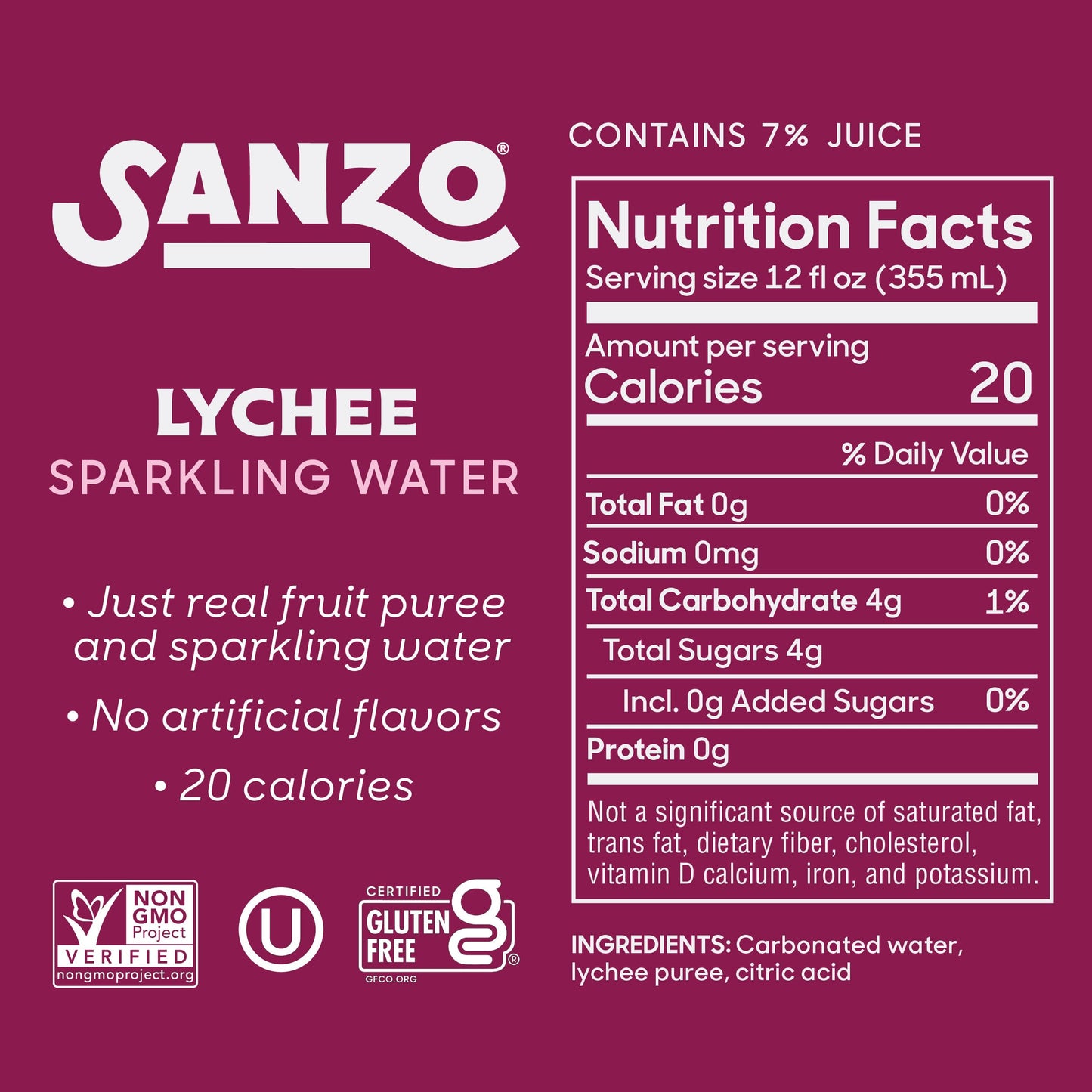 Sanzo Flavored Sparkling Water - Lychee (Berry), 12-Pack - Carbonated Drink Made With Real Fruit And Sugar-Free - Non-Gmo, Glute