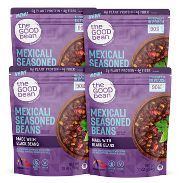 The Good Bean Heat and Eat Microwaveable Pouch - Mexicali Seasoned Beans - (4 Pack) 10 oz Pouch - Simmered Black Beans with Corn