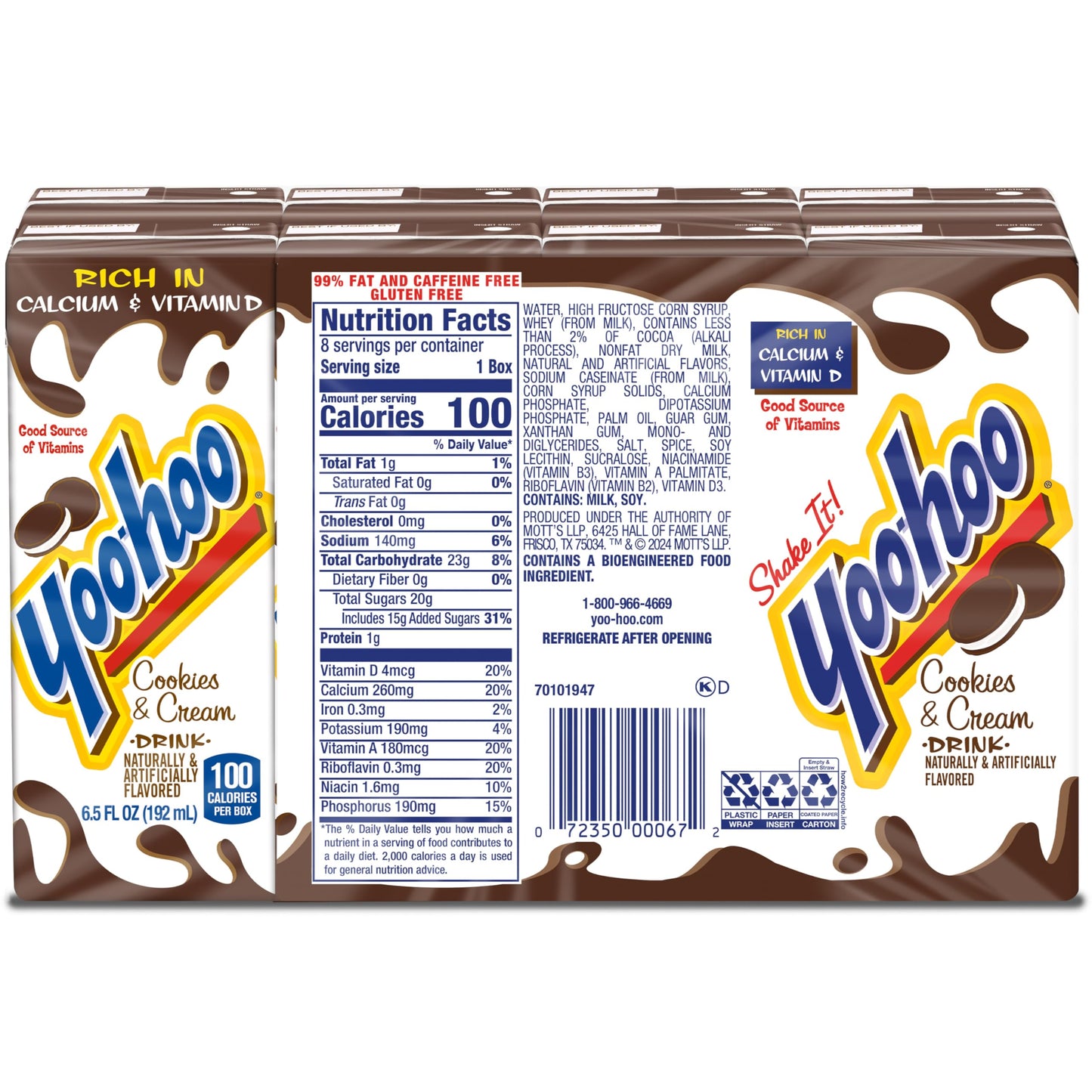 Yoo-hoo Cookies and Cream Flavored Drink  6.5 fl oz Boxes  32 Count (4 Packs of 8)  Ready to Drink  Caffeine-Free  99% Fat-Free  High in Calcium & Vitamin D