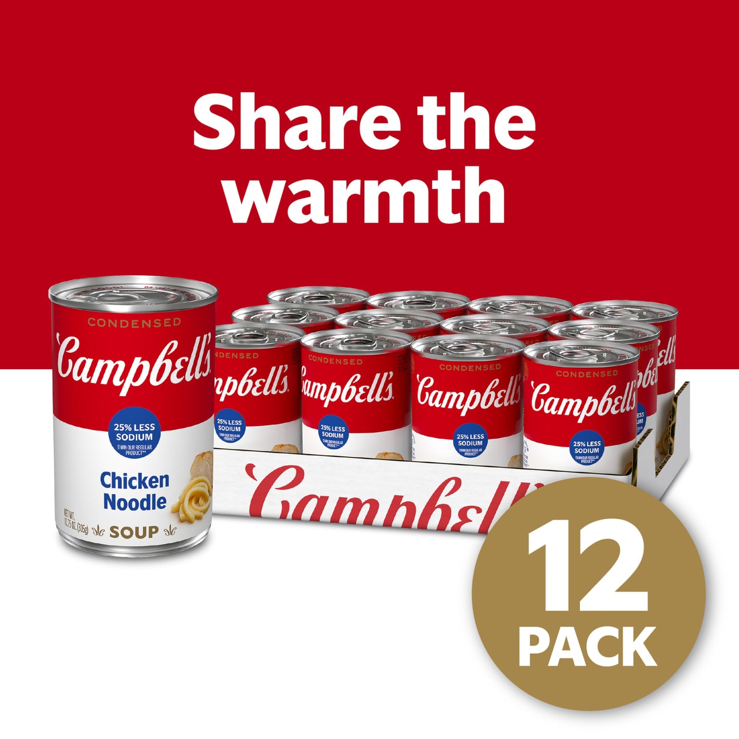 Campbell’s 25% Less Sodium Chicken Noodle Soup, 10.75 oz Can, Pack of 12 - Healthy Comfort Food for Family Meals