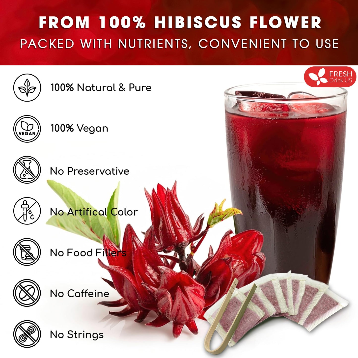 FRESHDRINKUS Hibiscus Flowers Tea Bags, 100% Natural Herbal Tea, Vegan, 40 Count