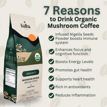 Kalba Organic Mushroom Coffee Grounds, Medium Roast 10 Oz | Arabica Coffee With Lion'S Mane, Chaga, Turkey Tail, & Nigella Seed
