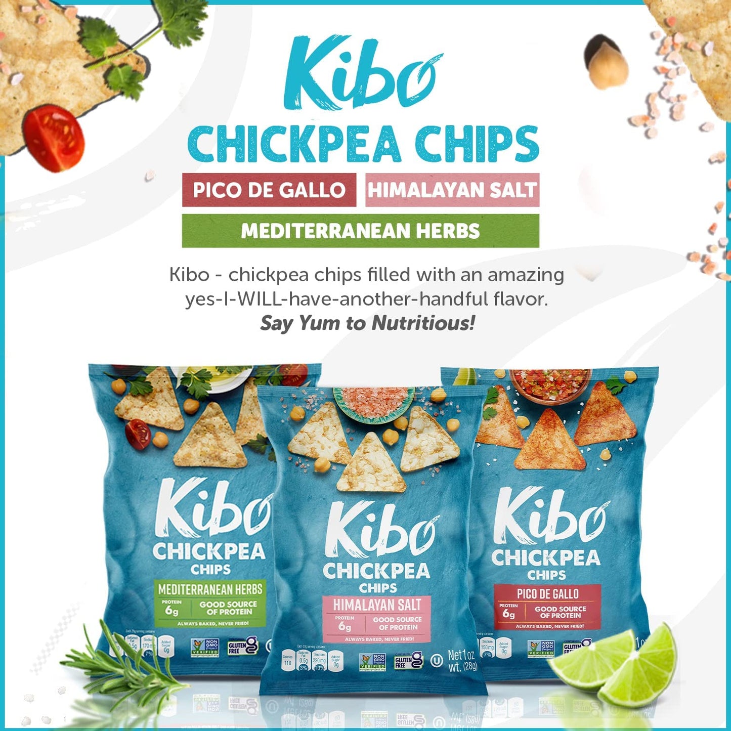 Kibo Chickpea Chips - High Protein/Fiber, Plant-Based, Cert. Gluten Free, Non-Gmo, Vegan, Kosher, 3 Flavor Variety Pack, 1Oz 18