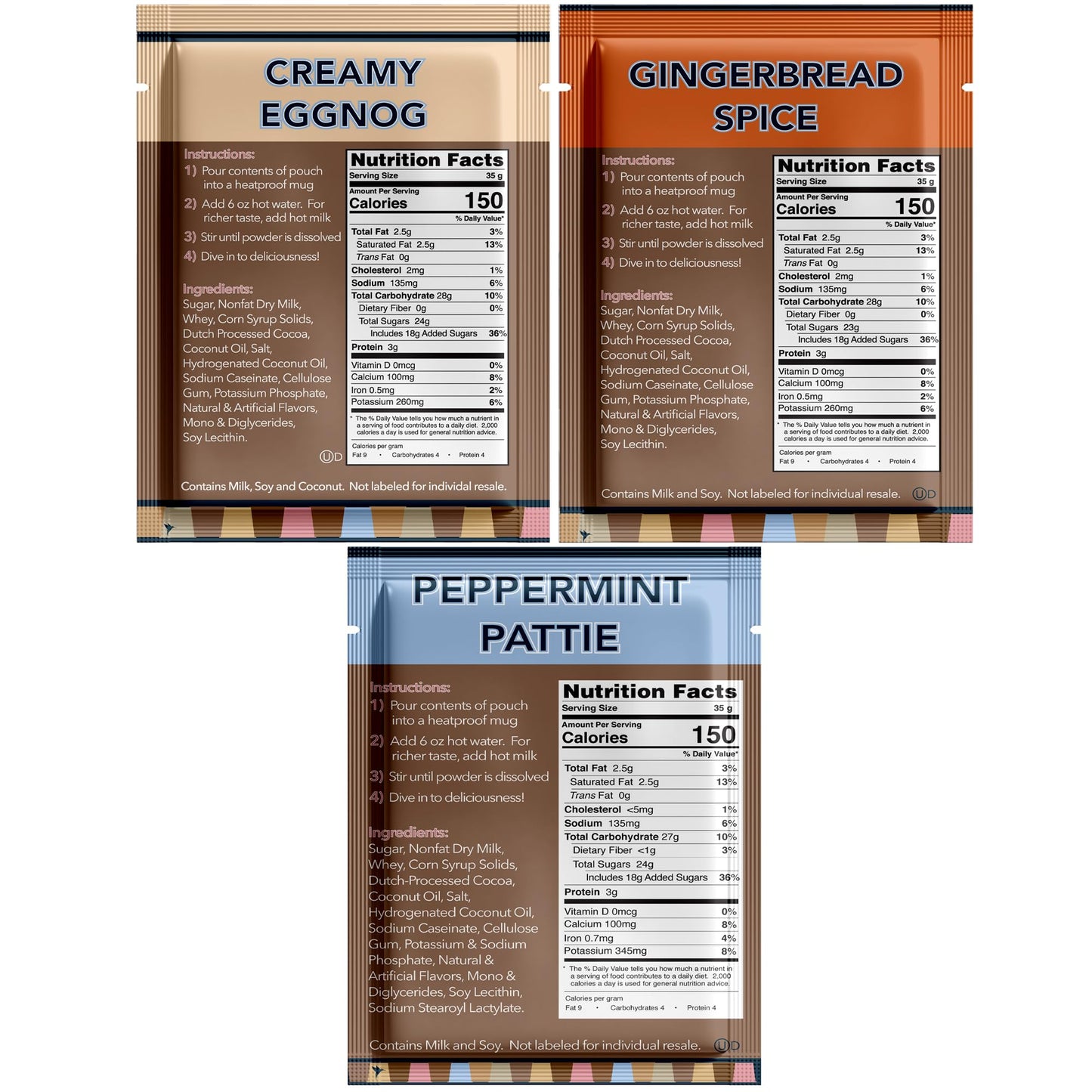 Double Donut Holiday Hot Chocolate Packets Variety Pack, 32 Count, Includes Eggnog, Gingerbread, Peppermint, Pumpkin Spice