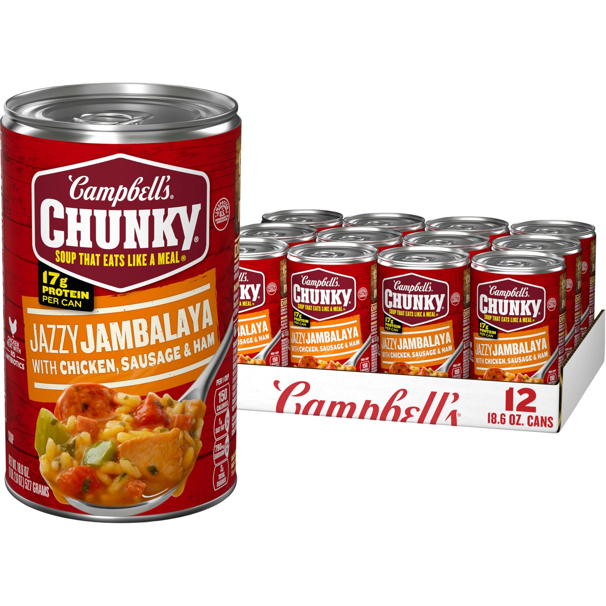 Campbells Chunky Soup, Jazzy Jambalaya with Chicken, Sausage and Ham Soup, 18.6 oz Can (Pack of 12)
