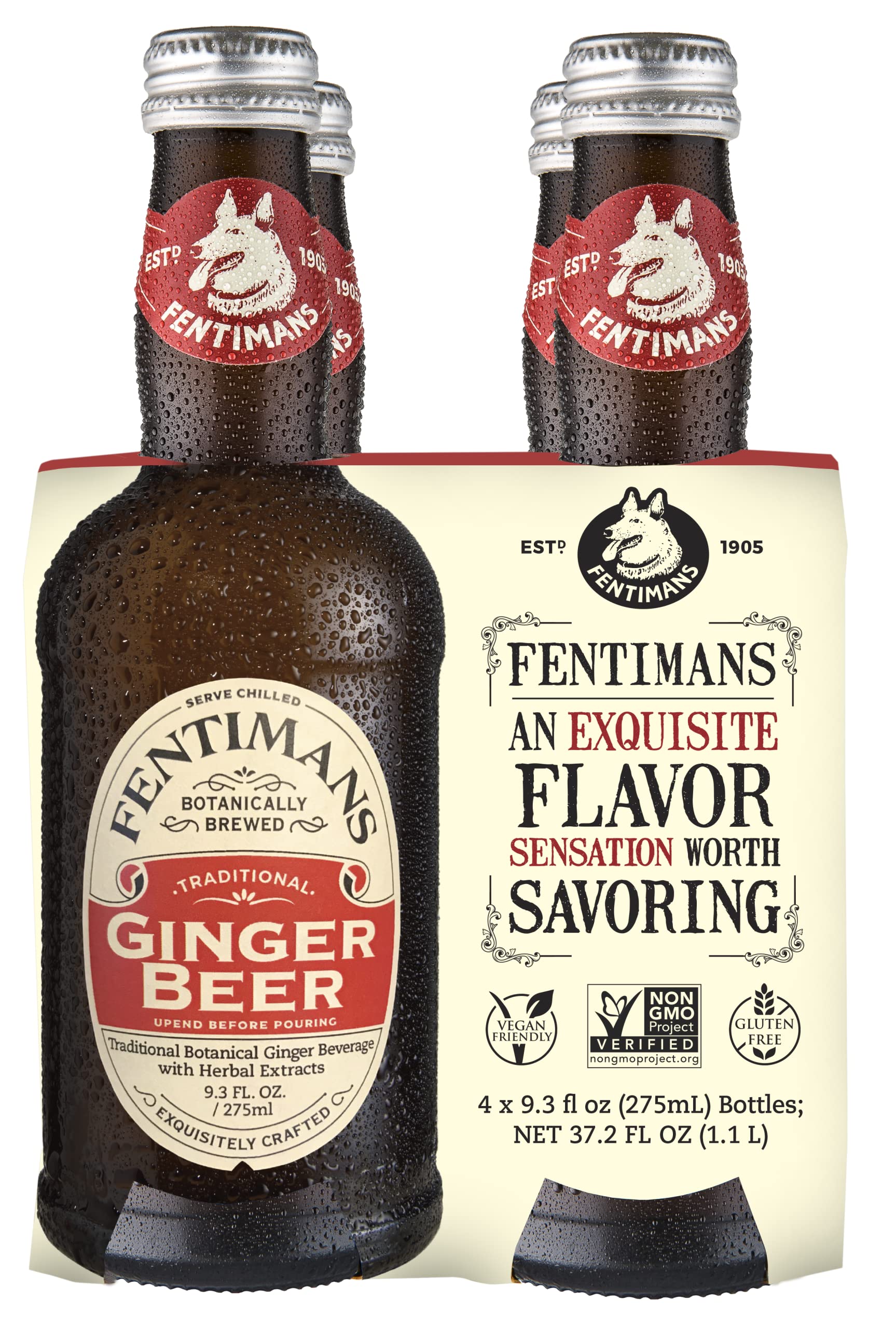 Fentimans Sparkling Ginger Beer Non-Alcoholic, 9.3 Fl Oz (Pack of 4), Gold