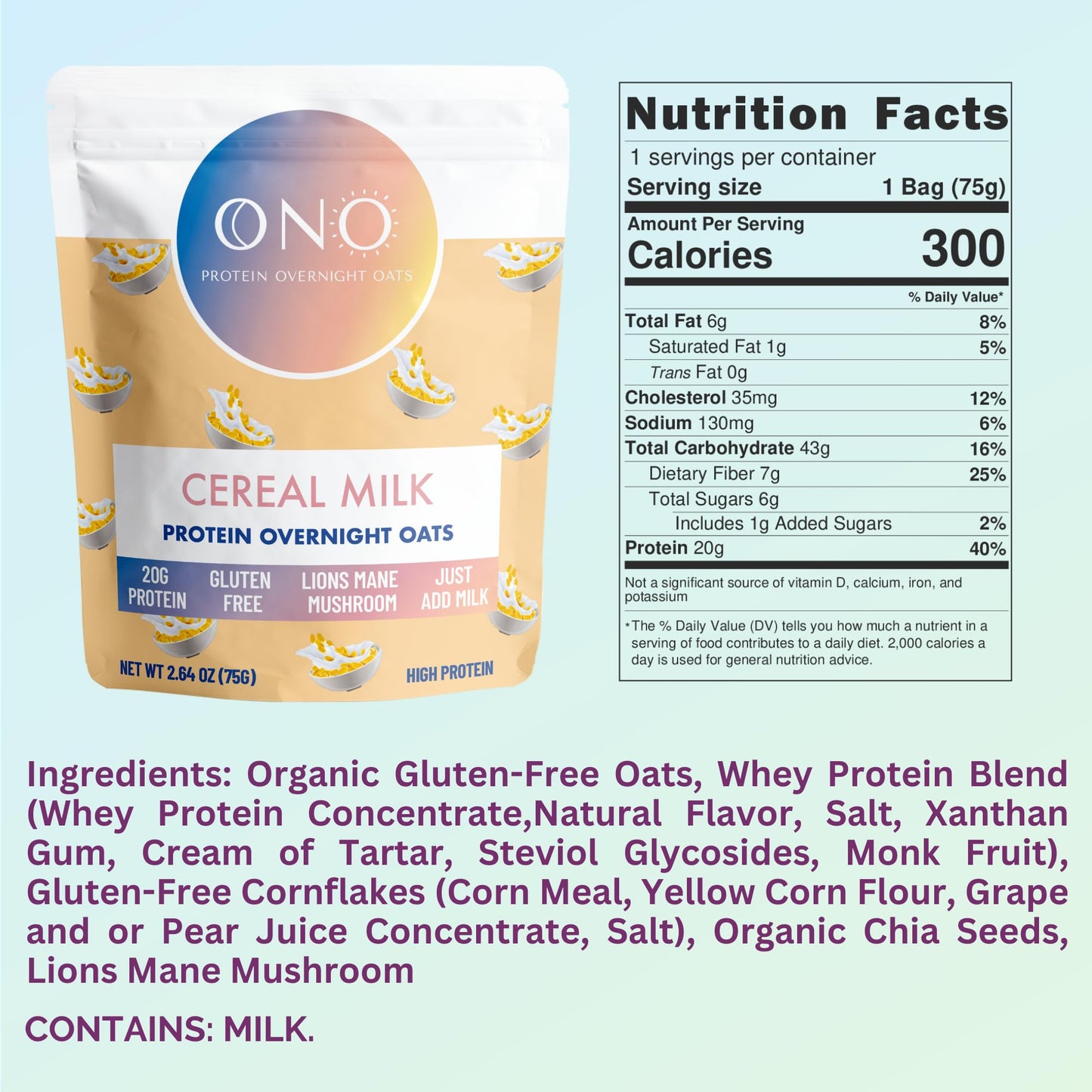Ono Overnight Oats - Cereal Milk Protein Oatmeal (6 Pack)- 20G Whey Protein Powder, High Fiber, Low Sugar, Organic Gluten-Free O