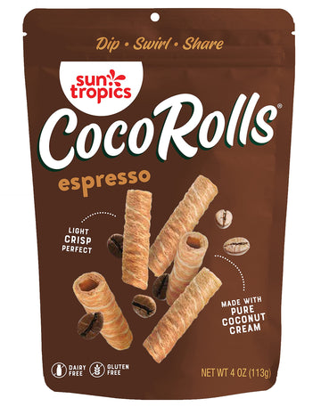 Sun Tropics Cocorolls Espresso, Gluten Free, Dairy Free, Snack-Crisp Rolled Wafer Made With Pure Coconut Cream, 6 Count