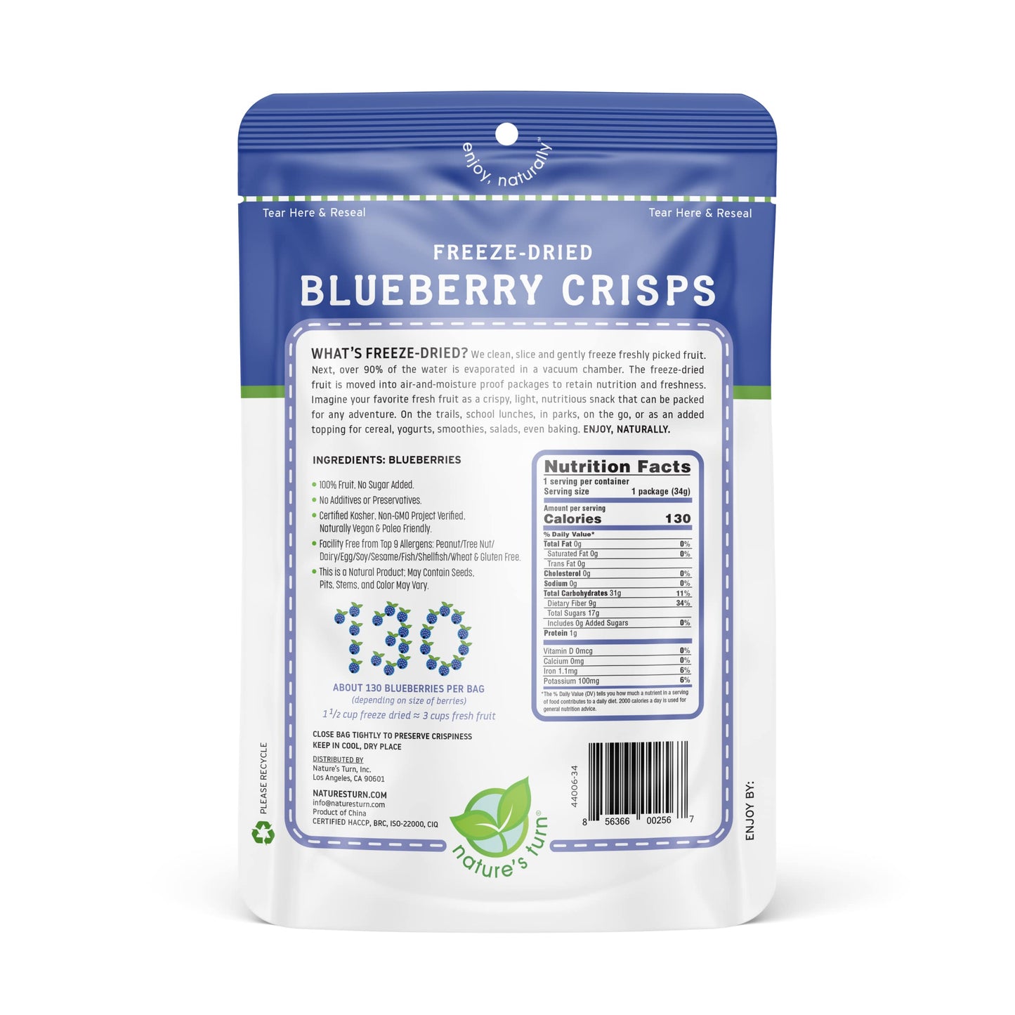 Nature'S Turn Freeze-Dried Fruit Snacks, Blueberry Crisps, Pack Of 6 (1.2 Oz Each)