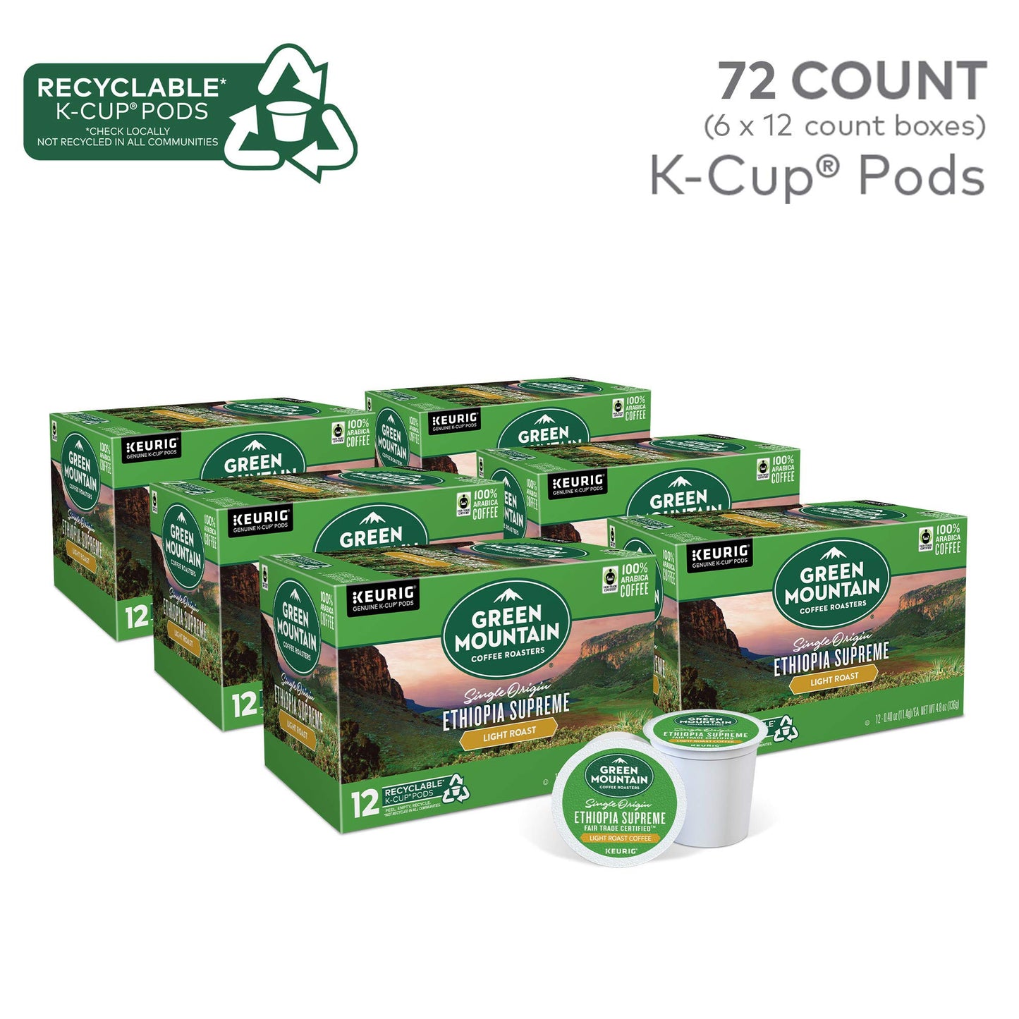 Green Mountain Coffee Roasters Ethiopia Supreme Coffee, 72 Count (6 Packs Of 12)