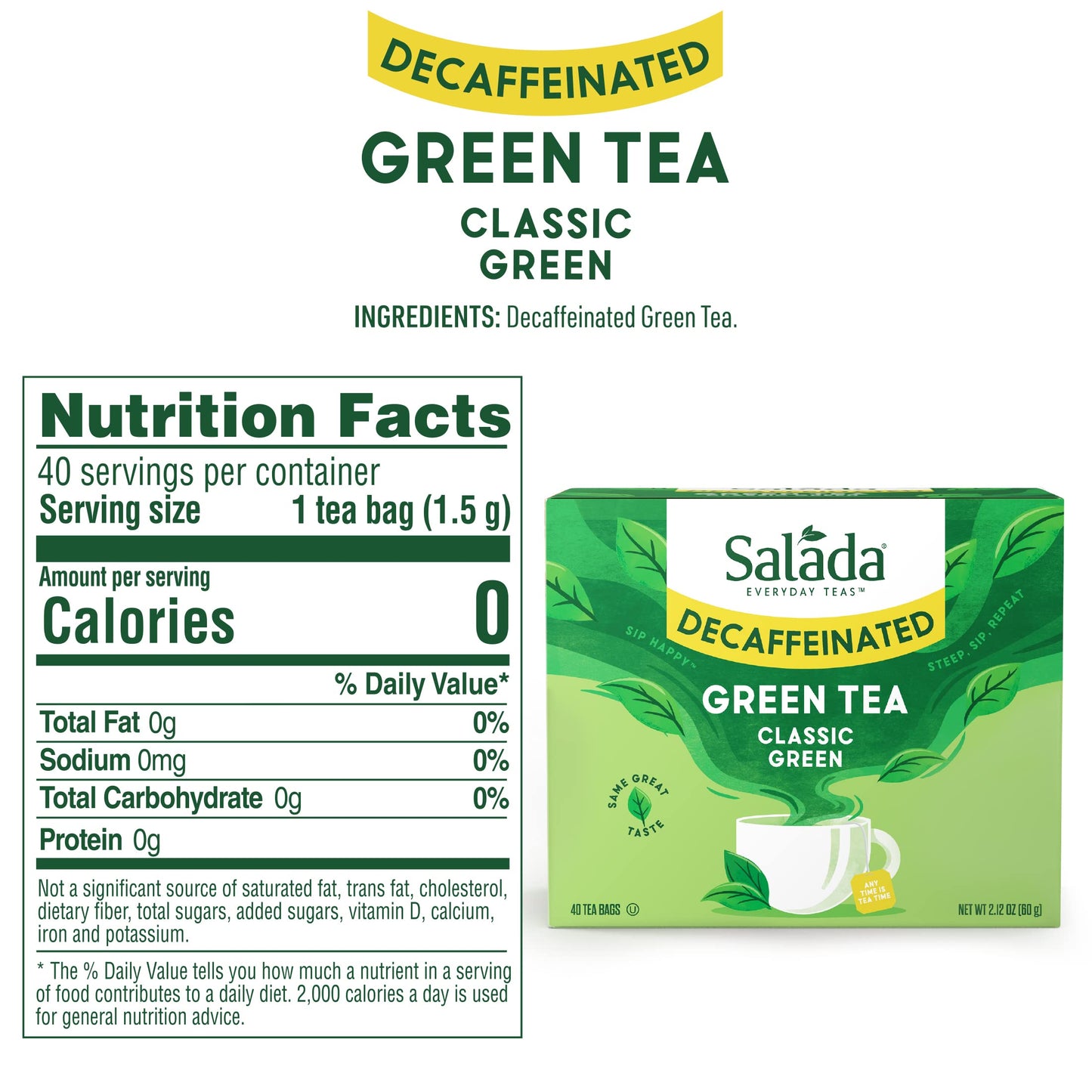 Salada Green Tea Decaffeinated, 40 Individually Wrapped Tea Bags, Rich in Antioxidants, Zero Calories, Brew Hot