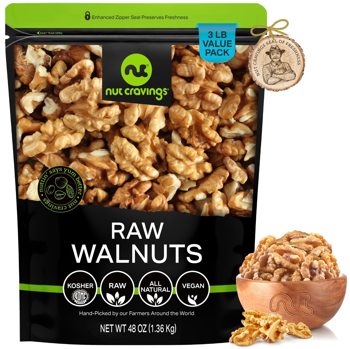 Nut Cravings Raw Walnuts Halves & Pieces, Unsalted, 3 LB Bulk Nuts, Kosher Keto Vegan Snack