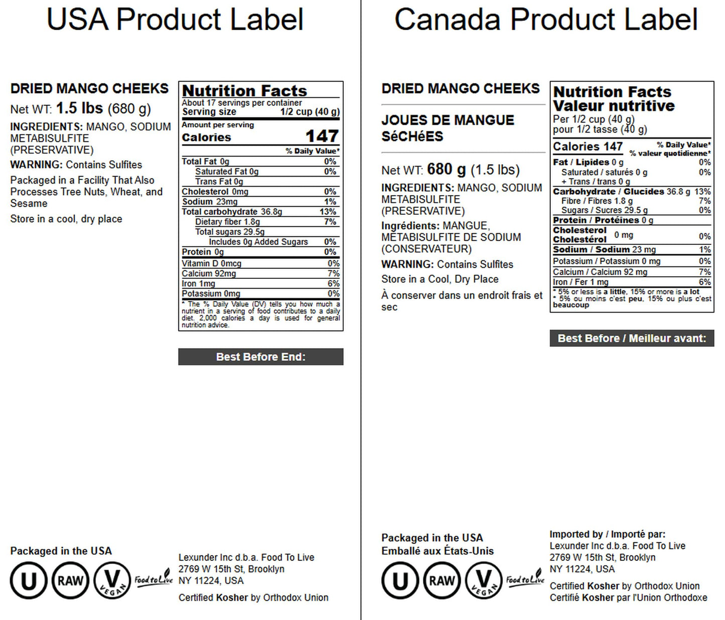 Food to Live Dried Mango Cheeks - Premium Quality, Unsweetened, 1.5 Pound, Gluten-Free, Raw Vegan Snack