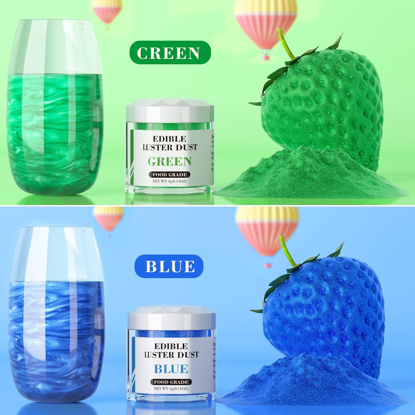 Cherrysea Luster Dust Edible Set - 2 Colors Shimmer Powder - 4g/Bottle, Blue & Green