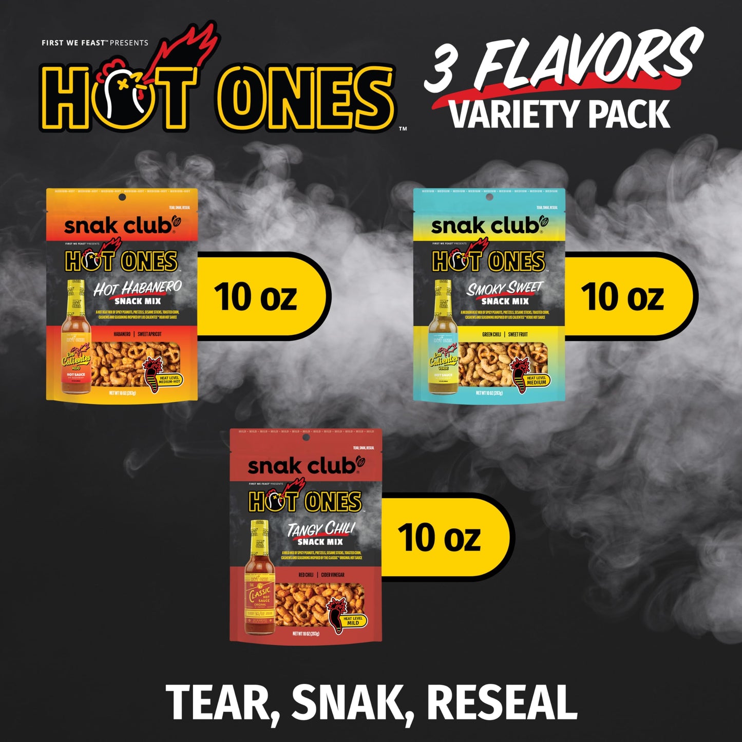 Snak Club x Hot Ones Snack Mix, Hot Habanero, Sweet Smoky, and Tangy Chili, Spicy Snacks with Peanuts, Pretzels, Sesame Sticks,