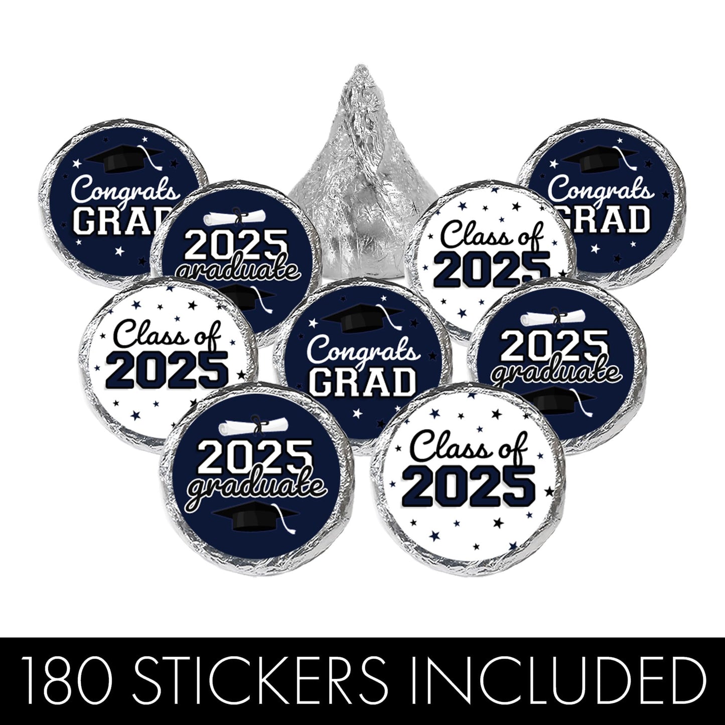 Navy Blue Graduation Party Stickers For Kisses Candy, Chocolate Drops, 2025 Grad Party Favors - 180 Count