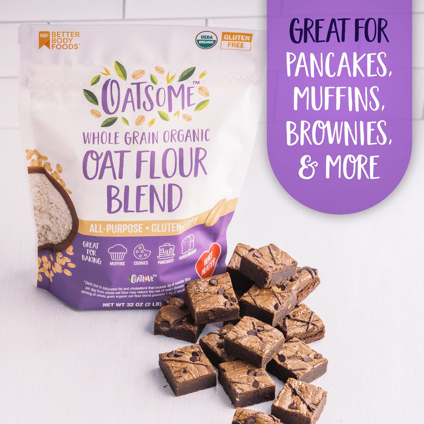 Oatsome Organic Oat Flour Blend, Whole Grain, Gluten-Free, All Purpose Flour for Baking, Vegan, 2 lb, 32 oz