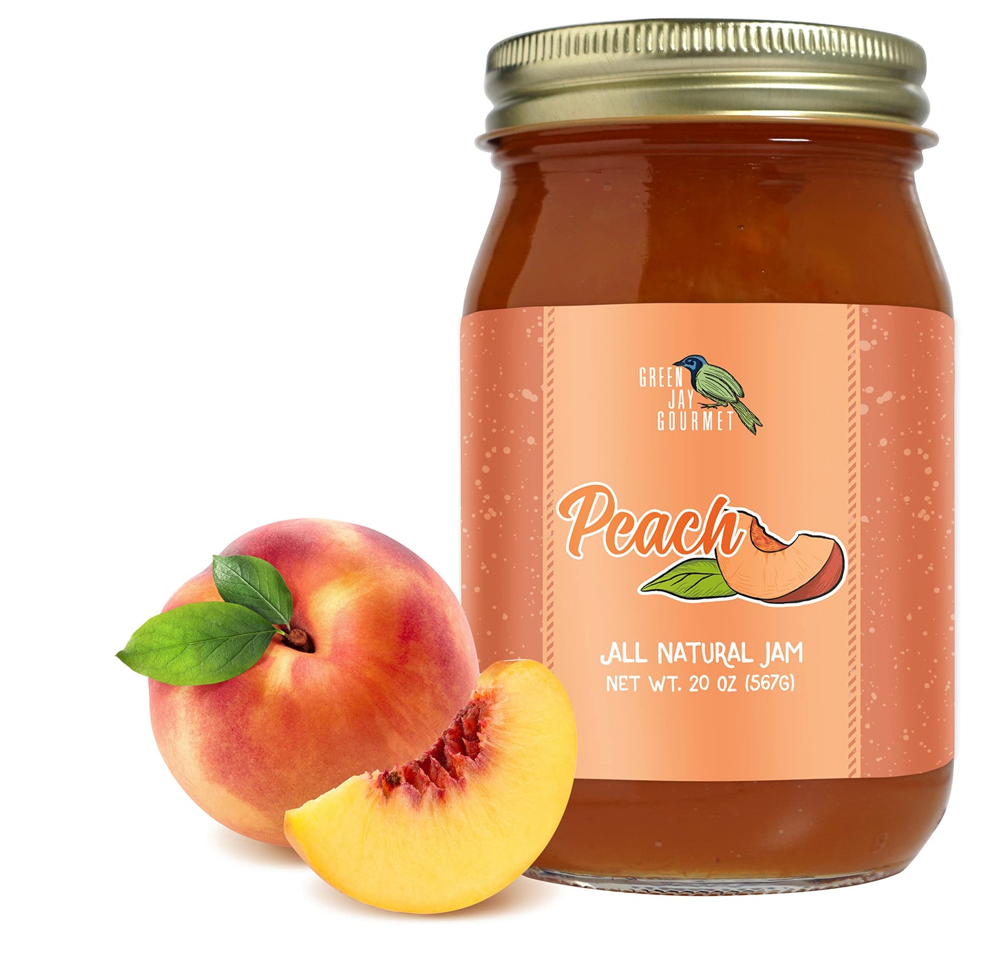 Green Jay Gourmet Peach Jam - All-Natural Fruit Jam with Peaches & Lemon Juice - Vegan, Gluten-free Jam - Contains No Preservati